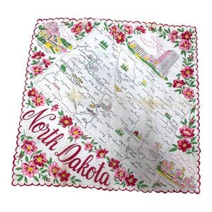 Vintage North Dakota Souvenir Handkerchief State Landmark Map Flower Border READ